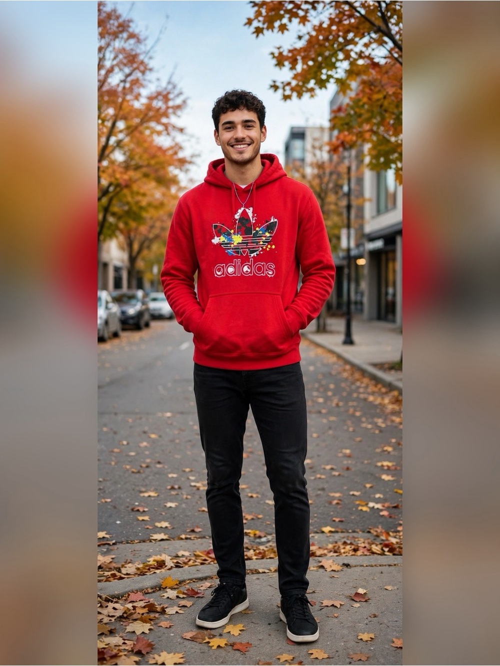 Adidas Originals Trefoil Hoodie Men's M Red Paint Splatter Graffiti Pullover